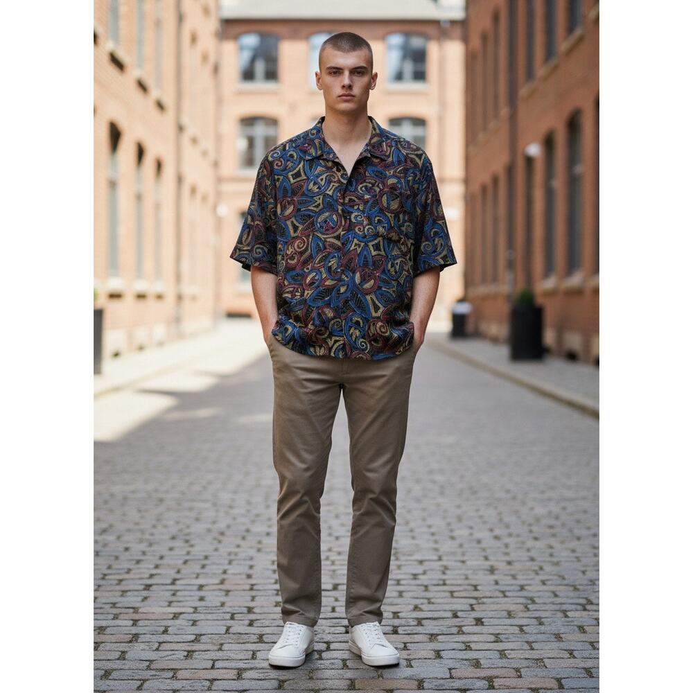 VTG 90s Maxx FM Abstract Geometric Print 100% Rayon Button Down Men’s Shirt Med